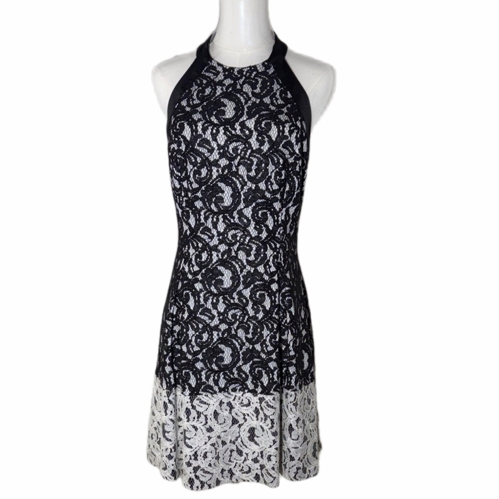 Jessica Simpson Black and White Lace Mini Halter Dress